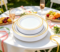 Assiettes en plastique blanches avec double bordure dorée, jetables, robustes, pour fêtes, mariages, banquets, anniversaires, traiteur