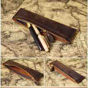 Genuine Leather Pencil Case <b>College</b> Top Layer Crazy Horse Leather Handmade Coin Purse Student Stationery Storage <b>Bag</b> HR - Product Image 2