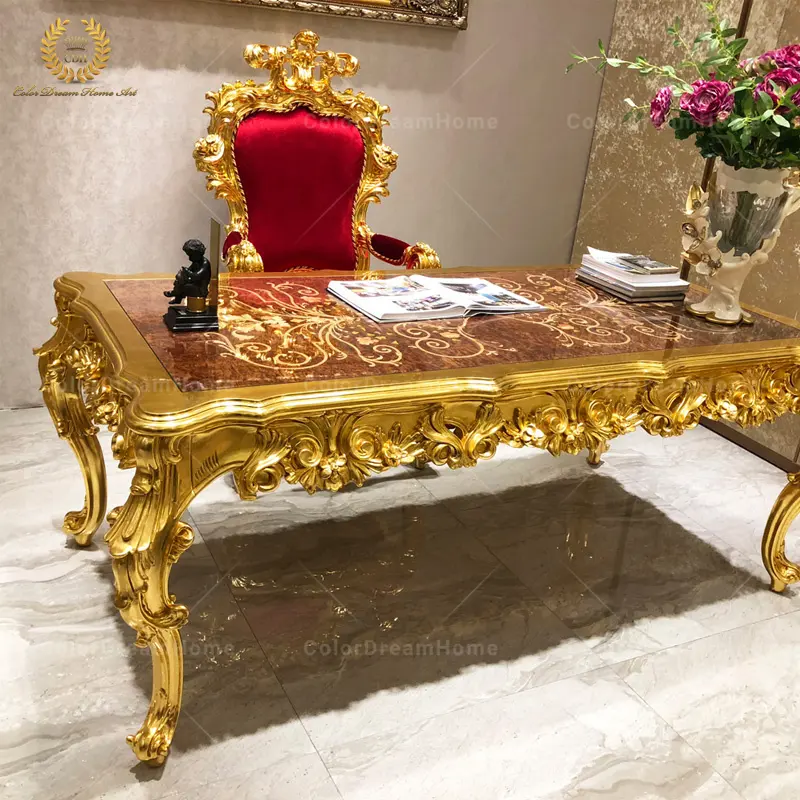 Royal hand carve furniture living room chairs and desk baroque luxury golden dining chair with arm