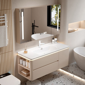 Rounded cream style ceramic integrated basin intelligent lighting mirror storage cabinet bathroom cabinet - Product Image 3