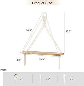 Modern Macrame Hanging <strong>Shelves</strong> Rustic <strong>Wood</strong> Floating Storage Set 2 Bedroom Bathroom Kitchen Wardrobe Living Room Nursery Dorm - Product Image 3