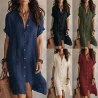 Robe décontractée pour femme à manches courtes boutonnée en lin et coton respirant, avec logo personnalisé, fabrication OEM/ODM, faible MOQ, idéale pour l'été