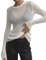 AMZ Usine de Offres Spéciales T-shirts à manches longues Tees Skinny Club Party Clothes Elegant Striped See Through Women Tops Outfits Sweater