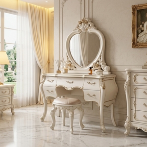 Table de toilette européenne sculptée blanc crème, table de maquillage de luxe pour princesse avec miroir intégral, meubles pour la maison - Product Image 1