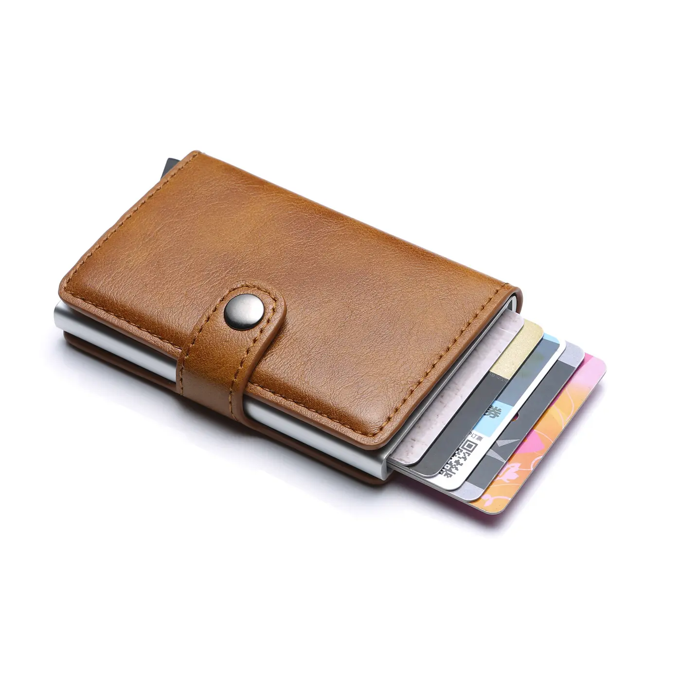 Credit Card Holder RFID Blocking Leather Automatic Pop Up Wallet Aluminum Slim Pocket Bifold Business Card Case