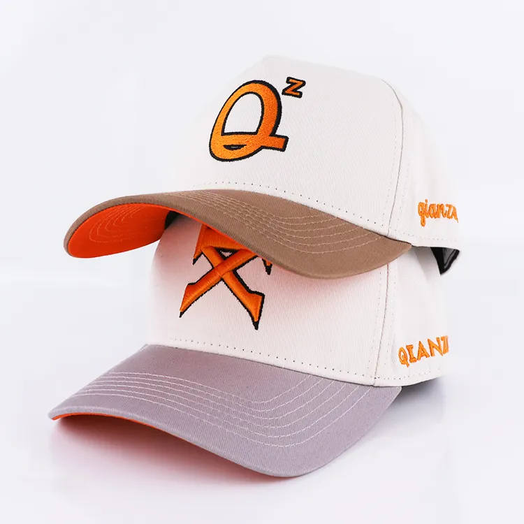Qianzun Manufacturer vintage contrast color baseball cap with patch custom embroidery logo 5 panel a frame baseball cap