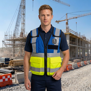 Gilet de sécurité haute visibilité Golden Weather, bleu jaune, fermeture éclair réfléchissante sur le devant, poches multifonctionnelles, uniforme de garde unisexe - Product Image 1