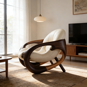 Fauteuil d'appoint incurvé de luxe <span class=keywords><strong>moderne</strong></span> - Revêtement en cuir de qualité supérieure avec structure en bois de noyer massif - Product Image 2