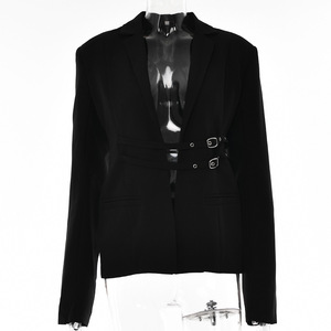Blazer para Mujer con Cinturón, Color Sólido, Manga Larga, Color Albaricoque y Negro, FD9592, Fibra de Poliéster, Moda Casual Transfronteriza - Product Image 5