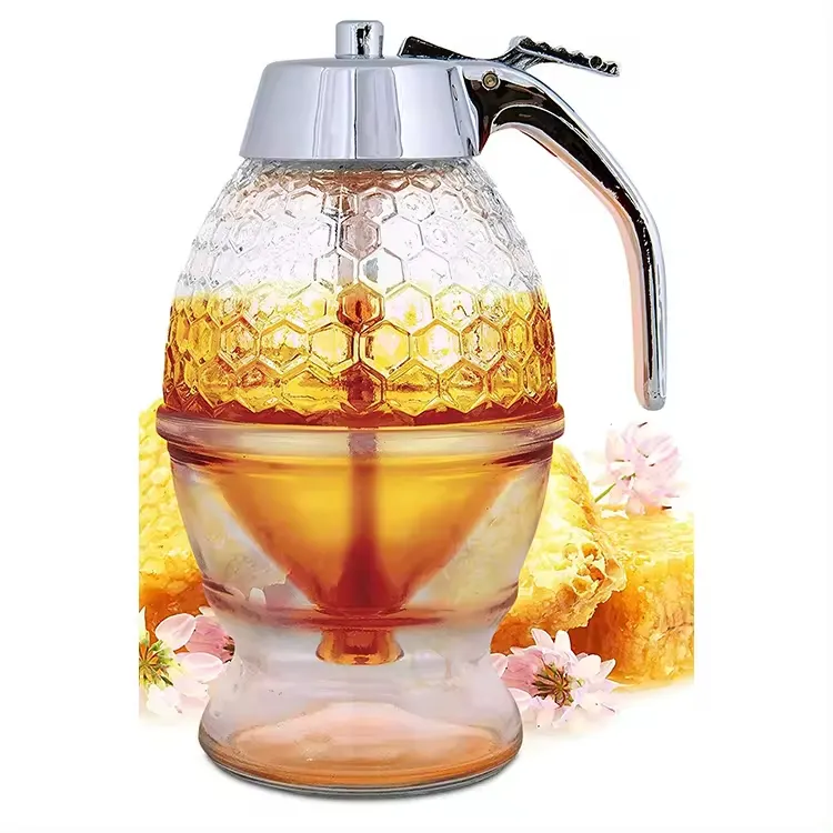 Nhà Máy Bán Buôn 8 Oz Mật Ong Lược Hình Mật Ong Nồi Tổ Ong Jar Không Có Nhỏ Giọt Maple Syrup Acrylic Mật Ong Dispenser Với Đứng