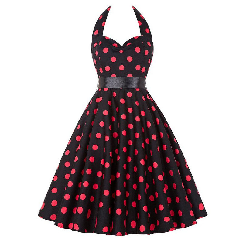 Halter Polka Dot Dress - Retro Floral Hepburn Vintage