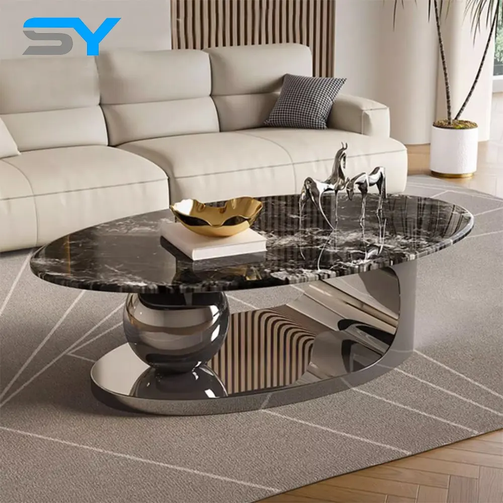 Mesa de centro ovalada con Base de acero inoxidable moderna SIYANG, tapa de mármol a la venta, mesa de té a precio de fábrica