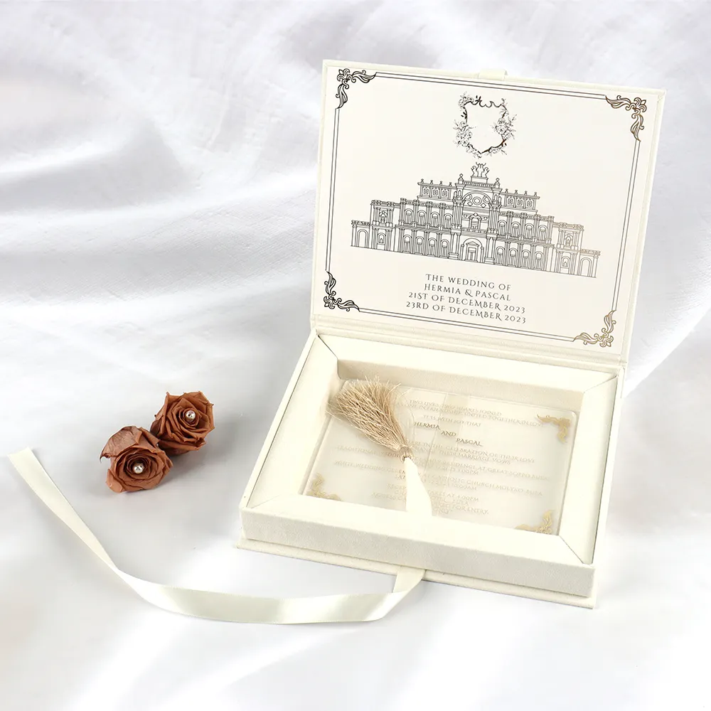 Scatola regalo per invito con carta di nozze personalizzata scatola per invito a nozze in acrilico di lusso scatola per invito in velluto di alta qualità con nastro