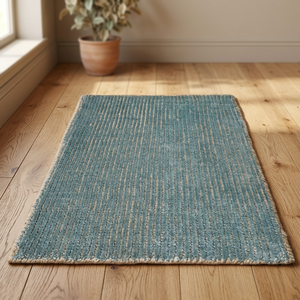 Tapis rectangulaire bleu uni en viscose tissé à la main avec envers en coton pour usage au sol, antidérapant, à poils moyens, pour la décoration intérieure - Product Image 4