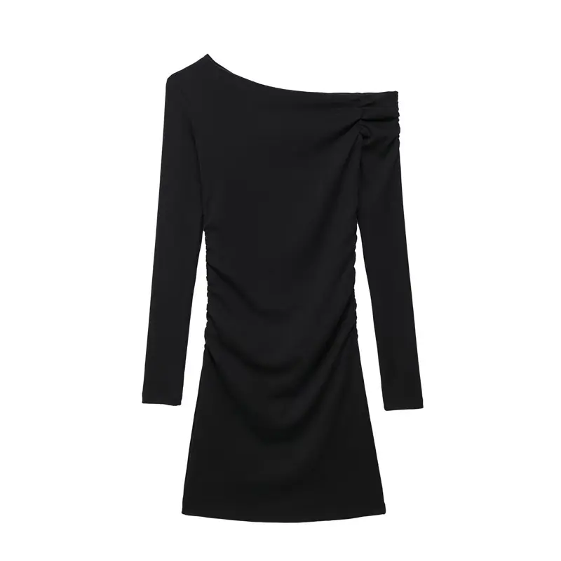 Q523 Großhandel Herbst Vintage Slash Neck solide Langarm Herbst Design Schlanke Taille Kleid Damen kleider 1