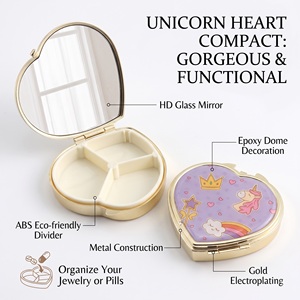 <b>Heart</b> Compact Pill <b>Box</b> with HD Glass Mirror Gold Electroplated Metal 3 Compartment Travel Pill Case Jewelry Storage Container - Product Image 1
