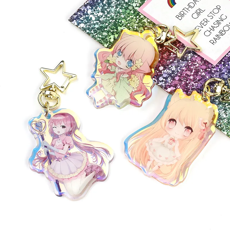 Vograce Custom Oem Cartoon Anime Leuke Acryl Regenboog Sleutelhanger Gedrukt Transparant Clear Epoxy Kleurrijke Sleutelhangers Geen Moq