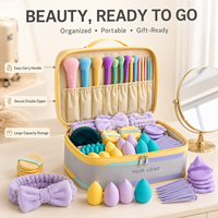 Ensemble de 59 outils de beauté personnalisables avec logo : Bandeau, éponge de maquillage pour le visage, fard à paupières, blush, poudre capillaire et pinceaux de maquillage colorés