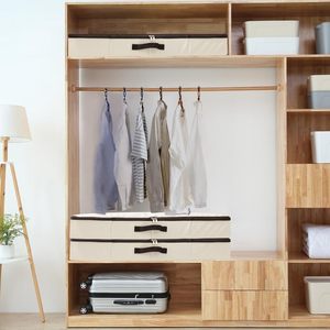 Modern <b>Rectangle</b> Fabric Clothing Organizer with Handles Foldable Stackable Under Bed Storage <b>Bin</b> 35L Capacity White Brown Trim - Product Image 3