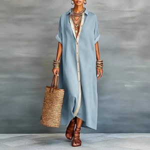 Vestido Camisero de Lino con Bloques de Color para Mujer, Tallas Grandes, Cuello en V, Manga Corta, Midi, Casual, Verano, Dropshipping Shopify - Product Image 4