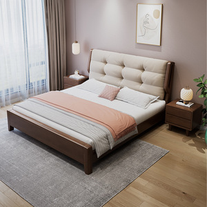 Creamy Cloud Style Solid Wood Bed 1.8m/1.5m Soft Headboard <b>Storage</b> Master Bedroom Double Bed - Product Image 2