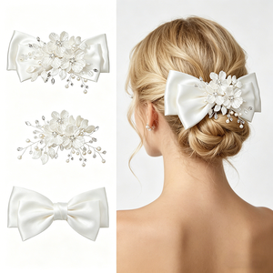 Pince à <span class=keywords><strong>cheveux</strong></span> classique 3-en-1 détachable avec nœud en satin, fleur, perle et cristal pour <span class=keywords><strong>mariée</strong></span>, femme, mariage, bal de promo, fête prénuptiale, accessoires capillaires - Product Image 1