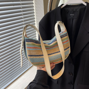 Oem Odm Custom Rainbow Stripe <b>Straw</b> Crossbody Woven <b>Straw</b> Crescent Hobo Beach <b>Straw</b> Shoulder <b>Bag</b> Women Sling Purse Handbag - Product Image 6