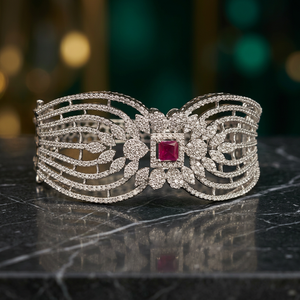 Christmas Gift Rhodium Plated Handmade Pink <b>Ruby</b> 925 Sterling Silver Cubic Zircon Pave Setting Bangle Cuff <b>Bracelet</b> - Product Image 2