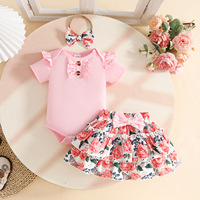 Ensemble d'été 2026 pour bébé fille : Barboteuse à manches courtes à volants avec nœud floral et jupe superposée en polyester