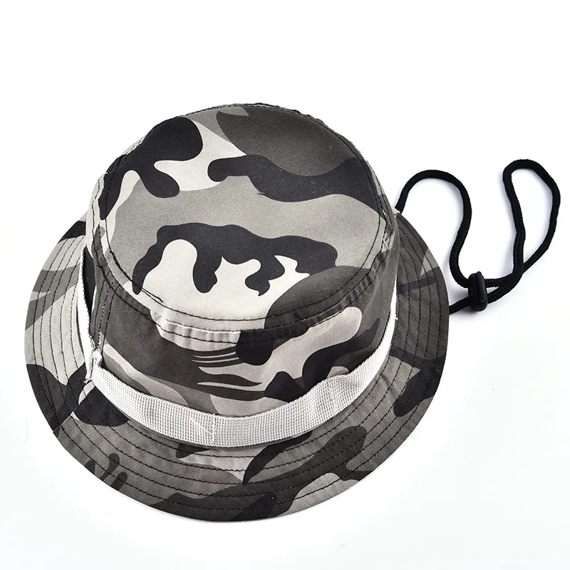 Custom cheap price camo wide brim fisherman beach sun bucket custom fishing cap hat with string