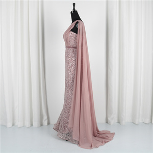 Bán Buôn Sexy Vestido De Noche Mermaid Strapless Ren Emboridery Voan Màu Hồng Cộng Với Kích Thước Dài Evening Dress Với Cape - Product Image 2