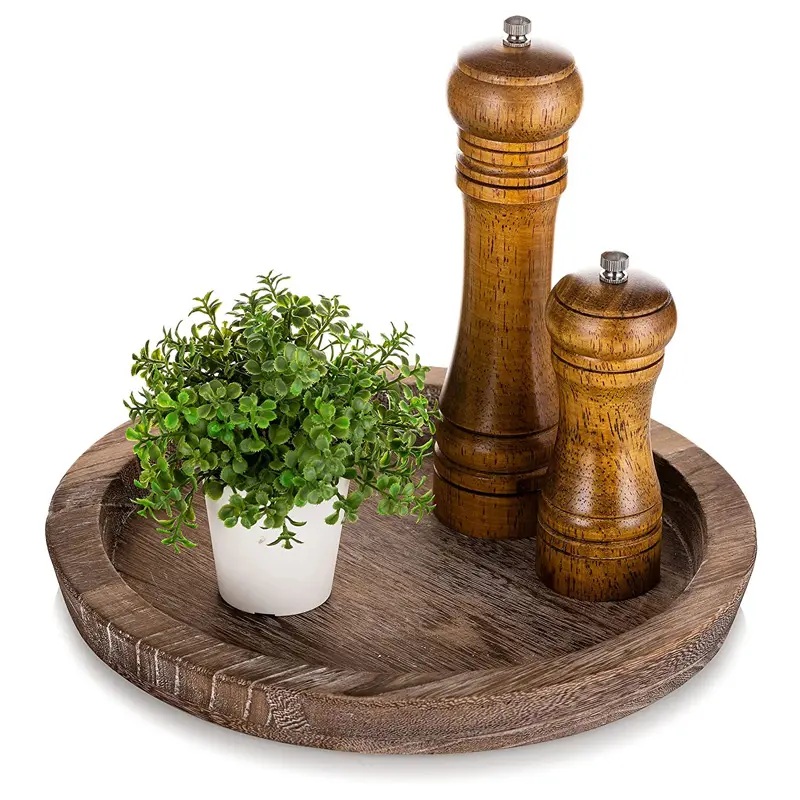 Wood Decorative Vintage Centerpiece Candle Holder Farmhouse Home Decor Ottoman Tray Round Rolling Rustic Wooden Tray Decor