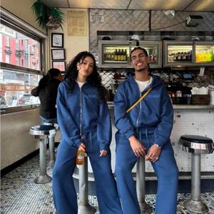 Conjunto de Sudadera con Capucha y Pantalones Anchos de Algodón 100% Pesado Estilo Urbano Personalizado con Cremallera y Pedrería para Hombre - Product Image 2