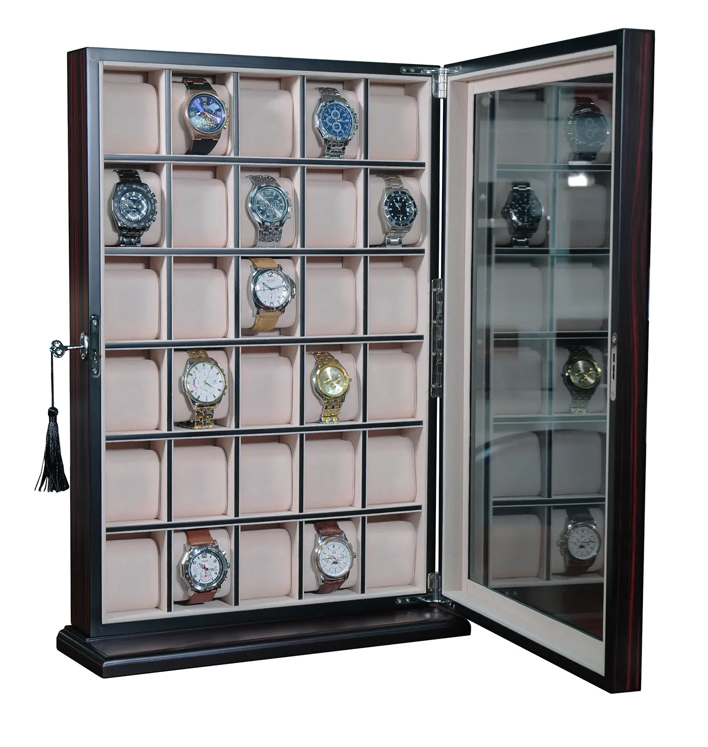 30 Slots Holzuhr Vitrine Glasplatte Schmuck Taschenuhr Sammlung Aufbewahrung sbox Organizer Ebenholz