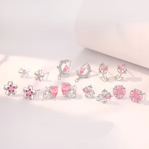 Dainty 925 Sterling Silver Moon Star Fine Jewelry Lucky Clover Shape Pink Tulip Cherry Blossoms orecchini a bottone