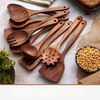 Set Peralatan Masak Kayu Akasia: Sendok, Spatula, Pengaduk Berlubang, Sendok Sayur, Penyaji Pasta, Sendok Nasi untuk Dapur