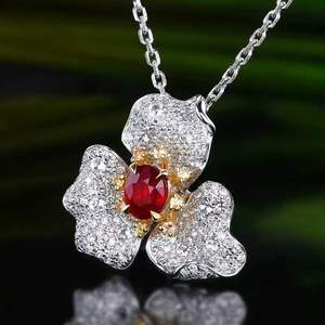 <b>Solid</b> 18K <b>Gold</b> Three-Leaf <b>Pendant</b>, 0.62ct Unheated Natural Pigeon Blood Ruby, 0.51ct South African Diamond Accents - Product Image 1