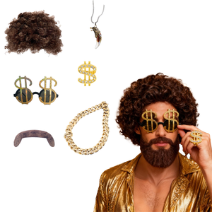 PESENAR <span class=keywords><strong>Perruque</strong></span> Disco avec Moustache Lunettes Collier Loup Artificiel Chaîne Dorée Cheveux Courts Bouclés Afro <span class=keywords><strong>Perruque</strong></span> <span class=keywords><strong>Homme</strong></span> pour Hippies des Années 60 - Product Image 1