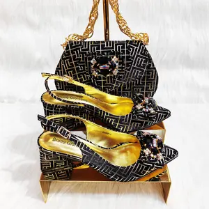 OEM Original Factory Manufacturing Fashion Design Rhinestone Luxury Buckles Charming Black Medium Heel Shoes With Matching Bag