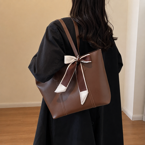 Women Soft PU Leather Tote Shoulder Bag Large Capacity Brown Handbag With Scarf Accent Casual Work Bag Factory Supply - Product Image 2
