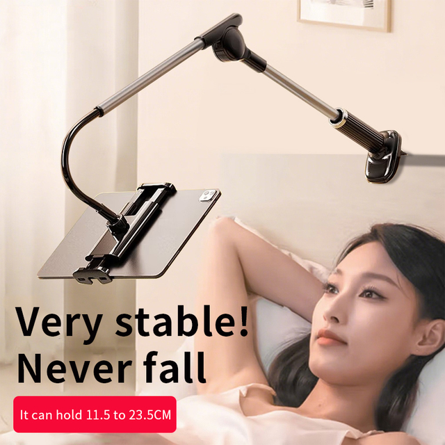 Aluminum Alloy Long Arm Phone Tablet Holder for Bed Stable Retractable Desk Clamp Phone Stand for iPad Pro 12.9, Hands-Free