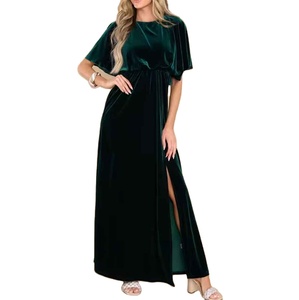 TUOYI, ropa personalizada para mujer, vestido <span class=keywords><strong>Maxi</strong></span> de terciopelo verde oscuro, cuello redondo, manga corta, cintura elástica, vestidos elegantes para mujer - Product Image 1