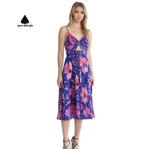 Vert fossette 2025 été plage Boho femmes col en v creux robe mi-longue dame élégant imprimé fleuri robes sans manches - Product Image 3