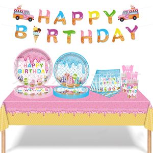 Assiettes en papier jetables pour fête d'anniversaire sur le thème des beignets et de la crème glacée d'été, style dessin animé, 8 pouces - Product Image 5