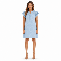 Robe Courte Décontractée d'Été à Col en V, Manches Courtes Volantées et Smockées, Motif Floral Brûlé, pour Femmes (OEM/ODM)