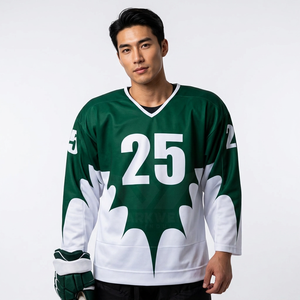 Custom <b>Men's</b> Green White Ice Hockey Jersey Crew Neck Three Quarter Sleeve Sublimated Moisture Wicking Quick Dry Polyester/Cotton - Product Image 1