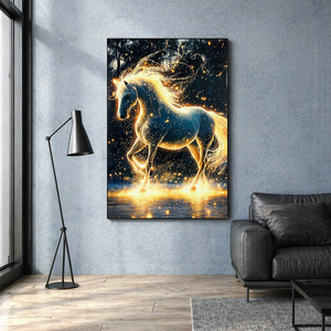 Cheval blanc lumineux, tableau porcelaine cristal incrusté de strass, peinture murale moderne scène d’eau nocturne scintillante - Product Image 2