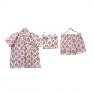 Pyjama court en coton indien pour soirée nuptiale vintage de luxe romantique Ensemble femmes filles respirant séchage rapide doux devant Été - Product Image 1