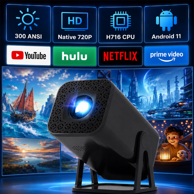 Mini Projector 4K Android Smart Bluetooth WiFi Native 720P Portable Projector 300 ANSI 8K Video Supported for Home Cinema