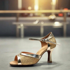 Lady Gold Latin Dance Shoes Salsa Wedding Shoes S-31 Soft Lace-up Style avec paillettes en cuir véritable et doublure en coton - Product Image 5